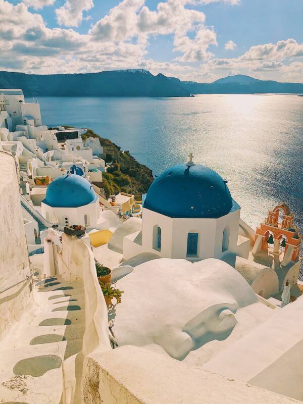 Santorini, Greece view of chapels and sea on Santorini, Greece